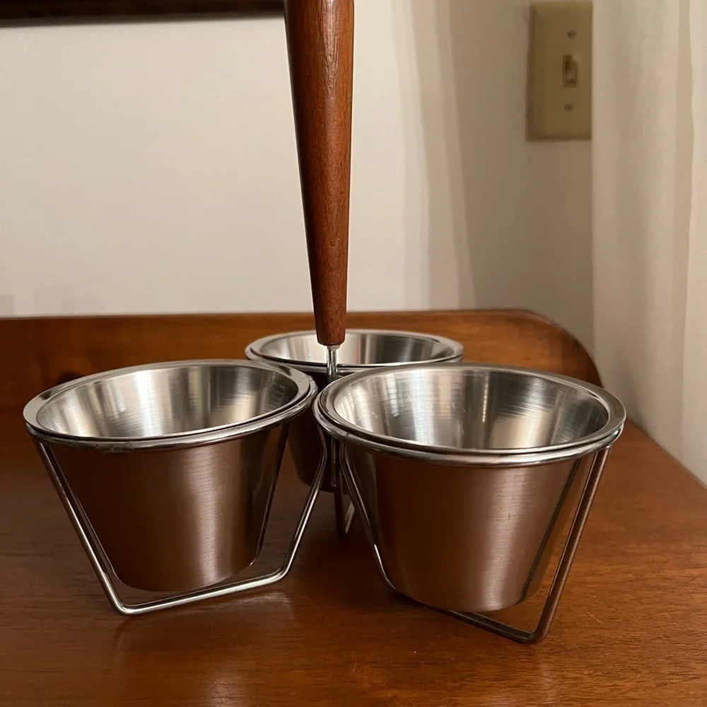 Vintage Stainless Steel & Wood Condiment Caddy - snack caddy